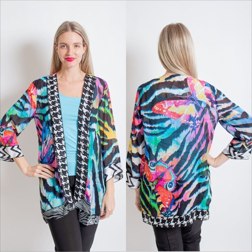 John Mark Almafi Coast Kimono Size 1X 3/4 Sleeve Butterfly Watercolor Viscose